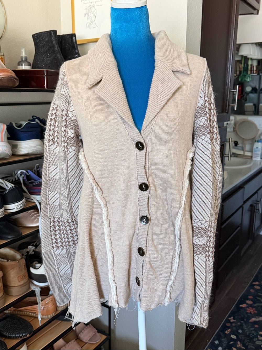 Free People Beige Patchwork Knit Cardigan